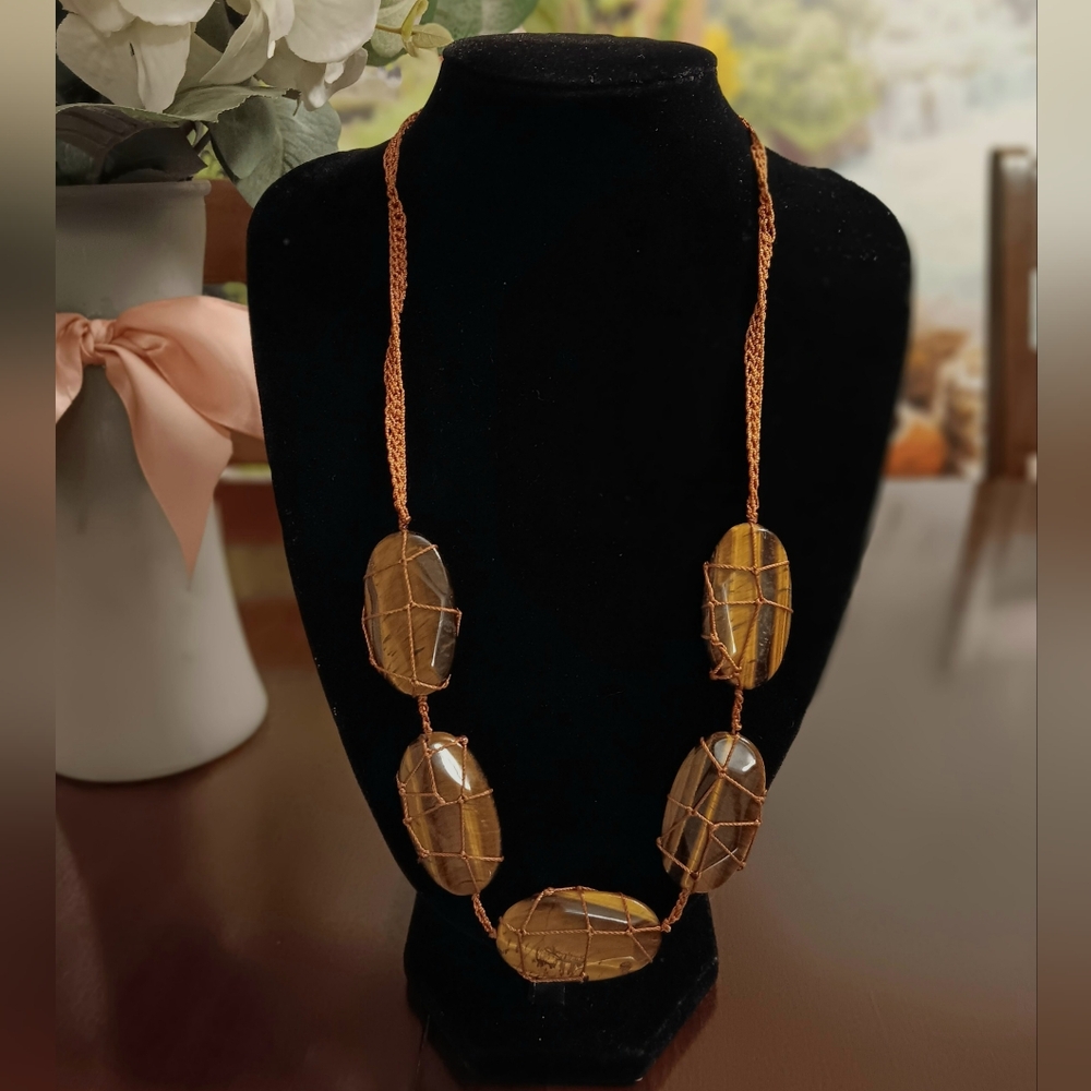 😍 Amber Brown Tiger Eye Stone Statement  Necklace Chic
